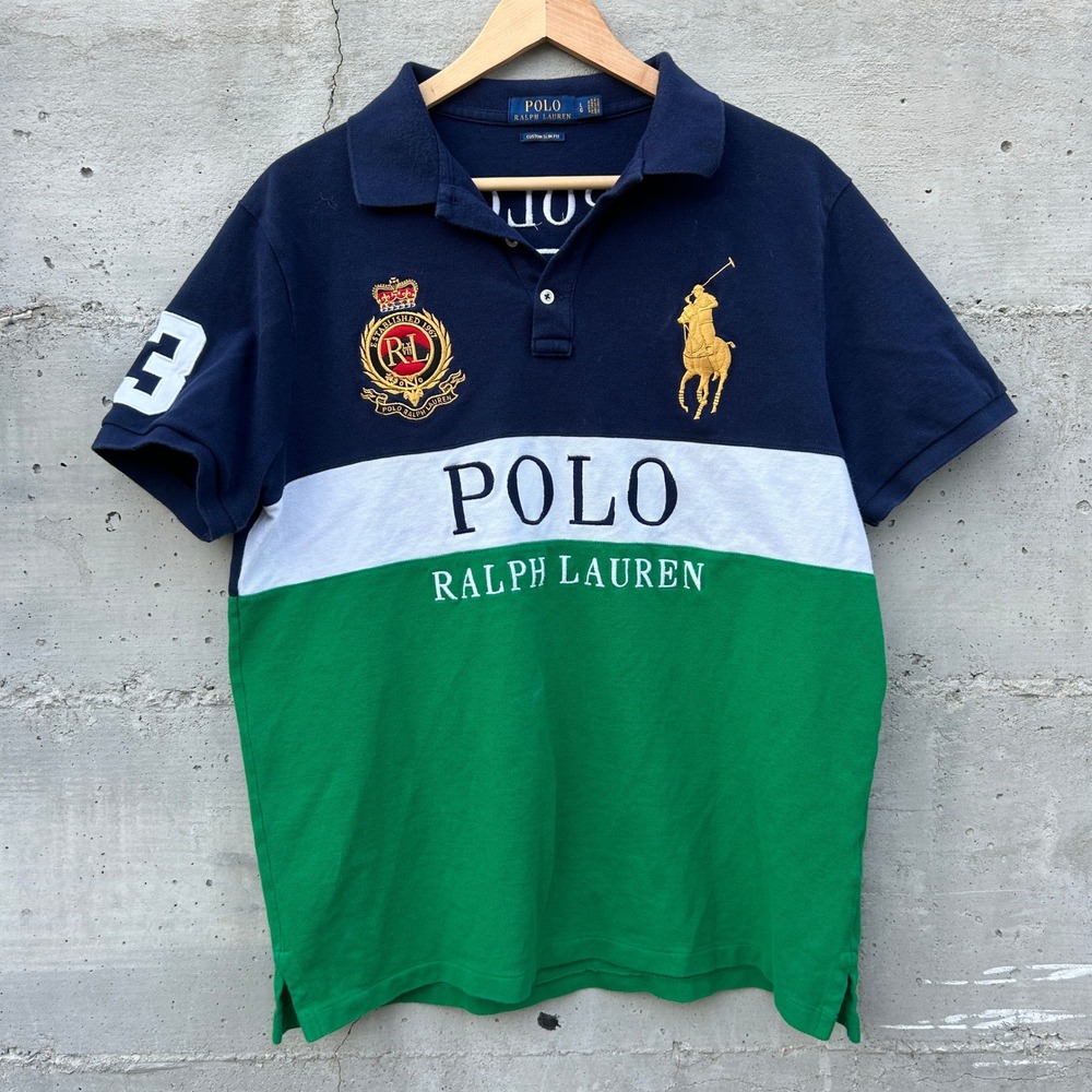 Polo Ralph Lauren Big Pony Polo Shirt Large Navy Green Colorblock Chief Keef Y2K